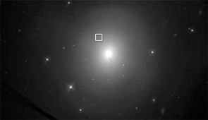 The box indicates where the neutron star merger (GW170817)and its afterglow occurred, in relation to the brightness of the nearby galaxy (center).
Credit: Wen-fai Fong/Northwestern University